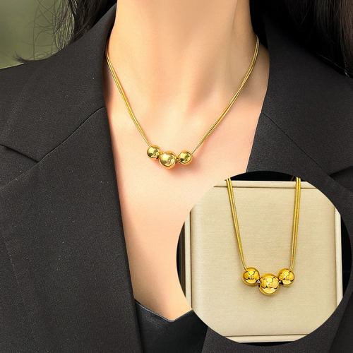 Collar Colgante de Cuentas Redondas de Acero Inoxidable Color Dorado Clásico Simple Clavícula C - Imagen 6 de 10