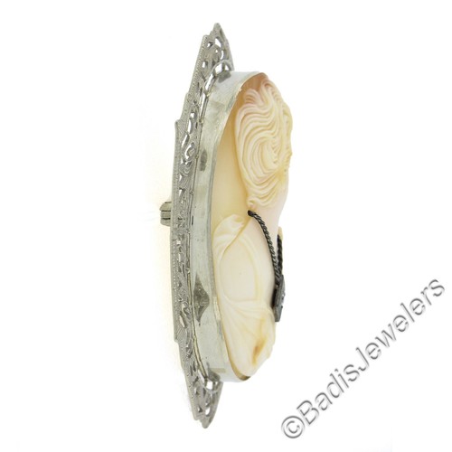 Large Vintage 14K White Gold Carved Shell Cameo w/ Diamond Filigree Pin Brooch - Picture 5 of 5