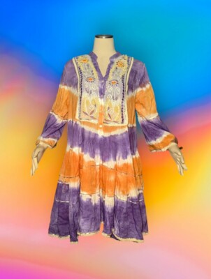 ALEX MAX Hippie Festival Tie Dye Dress Orange Purple HAND EMBROIDERED Size M/L