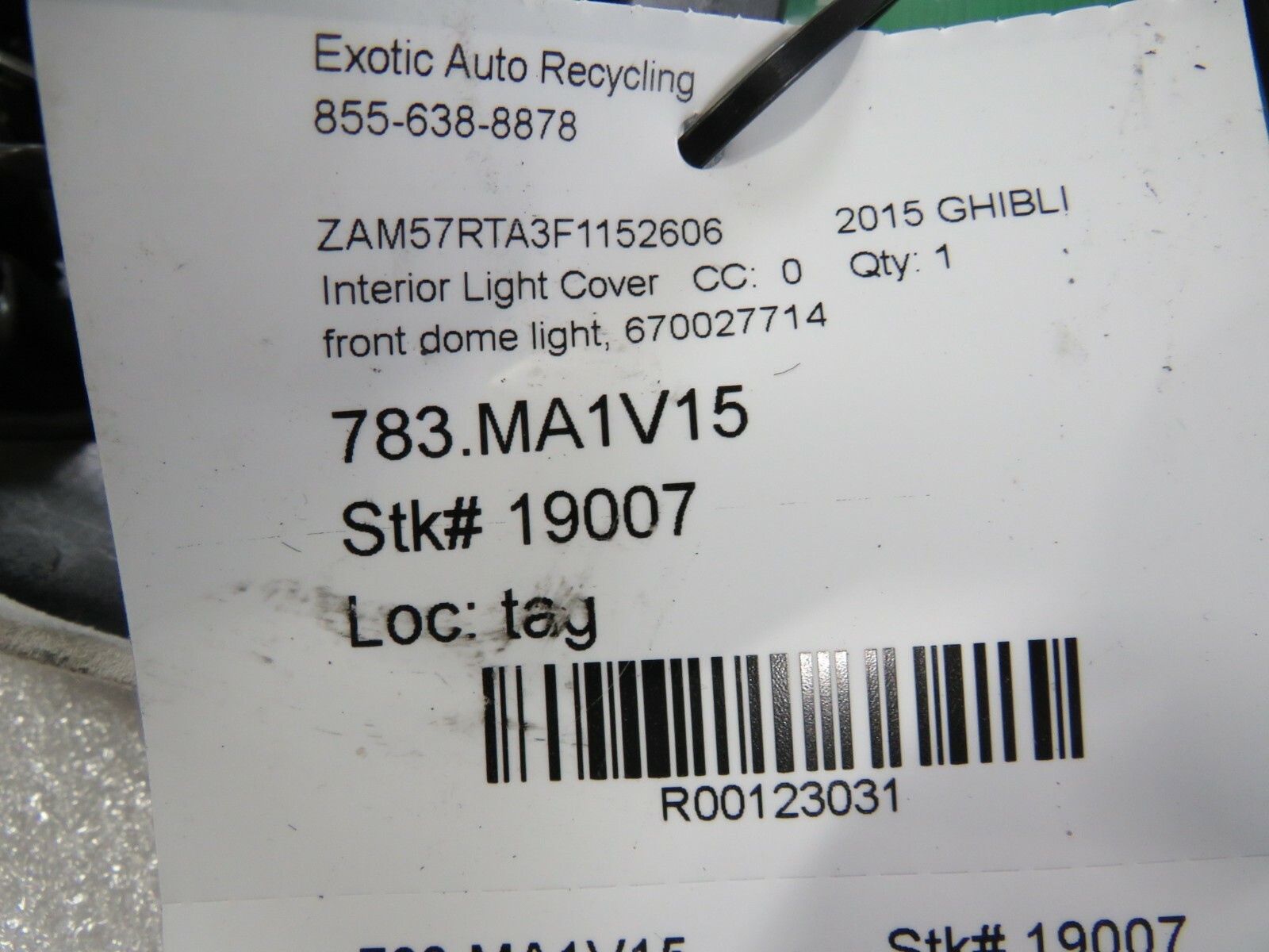 Maserati Ghibli, Front Interior Dome Light, Used, P/N 670027714