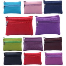 Women's Leather 2 Zipper Pockets Key Ring Coin Purse Mini Pouch Wallet  