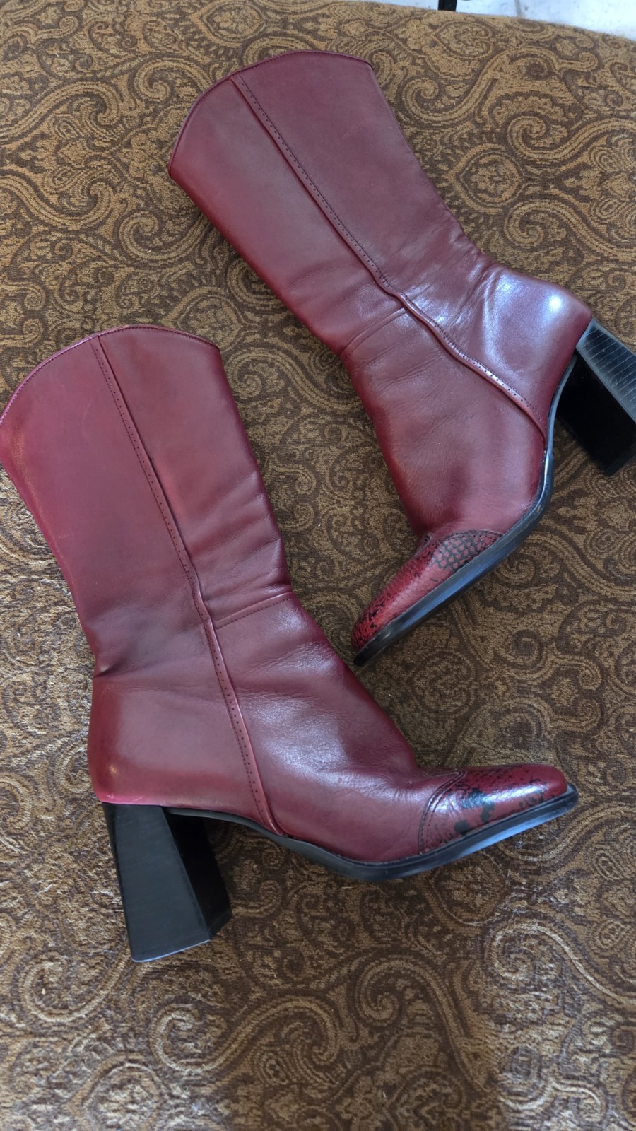 BATA squared toe snakeskin Embossed burgundy boot… - image 1