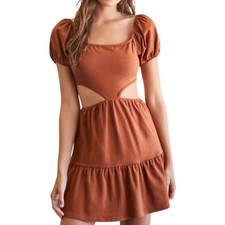 NWT Forever 21 Rust Brown Cutout Puff Sleeve Tiered Mini Dress Square Neck