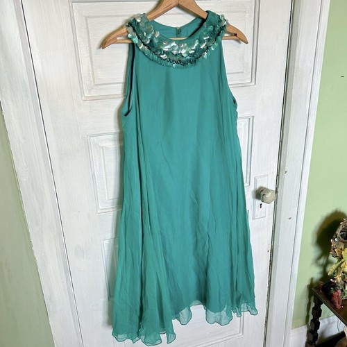 60s Vintage Turquoise Chiffon Tent Dress With Sequined Collar