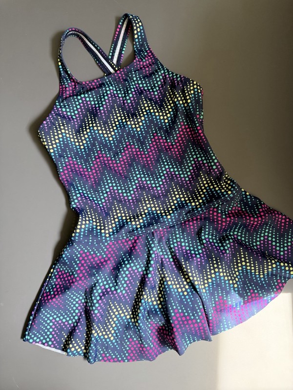 Lands' End Girls One-Piece Swimsuit Size 10 Built In Full Skirt Navy Polka dots
