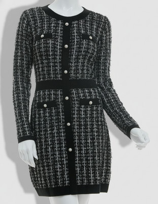 BCX Juniors' Women's Black Tweed Faux Button Trim Round Neck Dress Size L