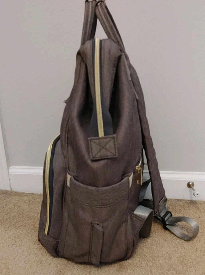 LAND Backpack Diaper Bag Unisex Gray Multi Compartments Zip Travel Canvas Tote - Image 3 of 4