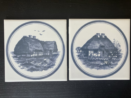 2 ROYAL COPENHAGEN Denmark Cottage Vintage Wall Tiles Trivets, England Rare