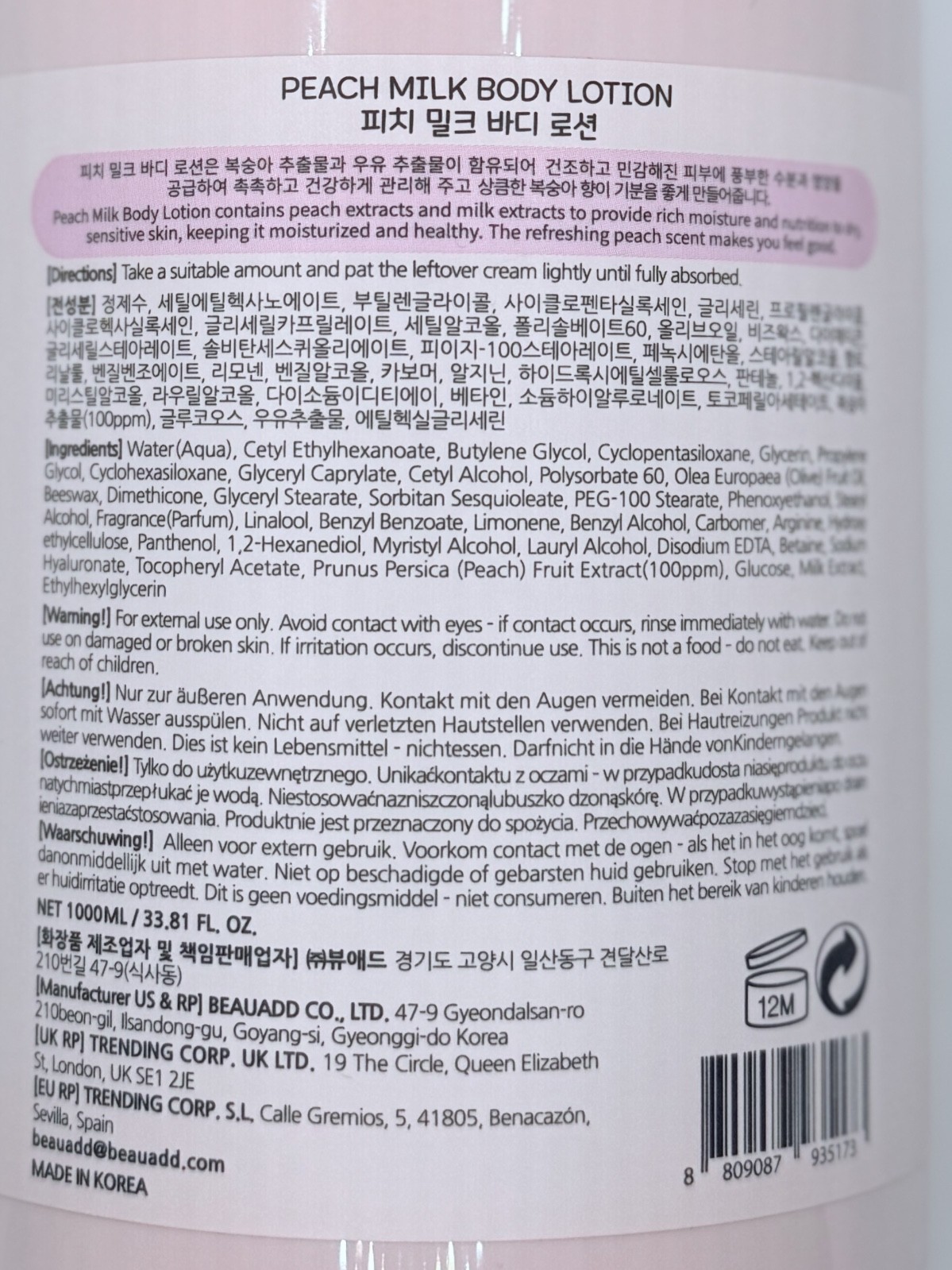 BONNYHILL Peach Milk Body Lotion 1000ml &ndash; Korean Moisturizing Skincare