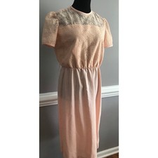 Pink 1960s tea length dress laced bodice with linen looking bottom Vtg Size 14