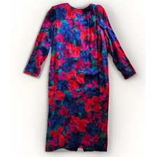 Vintage Flora Kung Silk Floral Dress Womens 10 Pink Blue 80s Bow Shoulder Midi