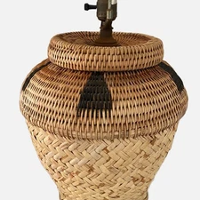 Vtg Rattan Wicker Basket Table Lamp 13x14” 2 Tone 2 Pattern Works 24”H/Finial