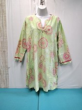 Oscar de la Renta Green Mandala Print Cotton Kaftan Tunic Dress Split Neck Sz L