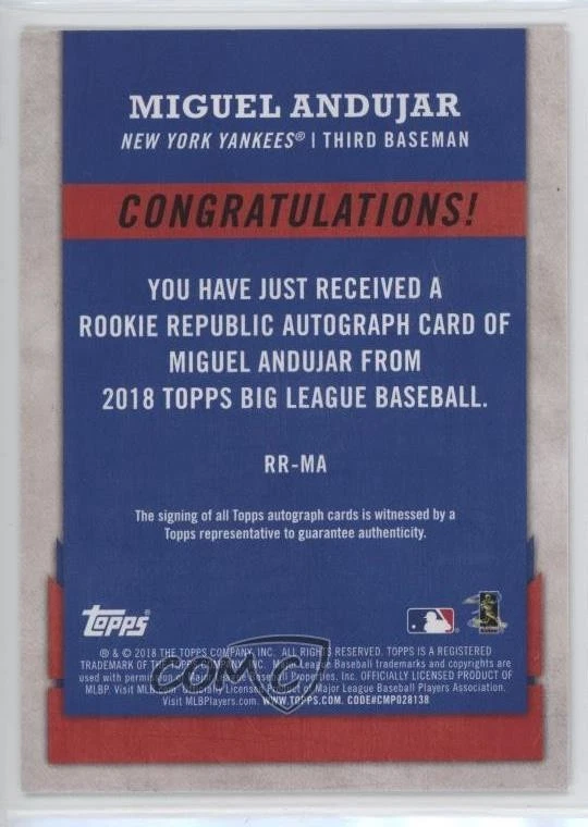 2018 Topps Big League Rookie Republic Auto Miguel Andujar #RR-MA Auto RC - Image 2 of 2