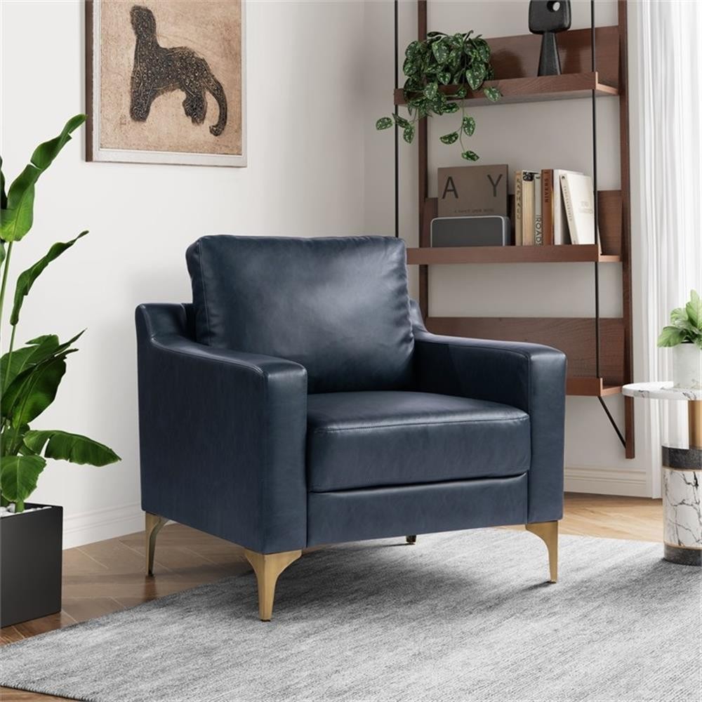 In Navy Blue Faux Leather Upholstery