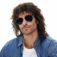 Mullet 70s 80s Wig with Bangs Dark Brown Long Disco Hair Curly Men ... Fast Ship