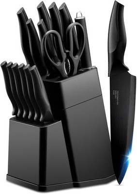 Kitchen Knife Set with Block and Sharpener, 15 Pieces Knife Block Set