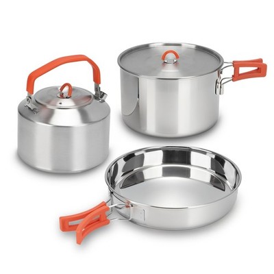 304 Edelstahl Camping Kochgeschirr Set - Große Bratpfanne, Topf & Wasserkocher mit