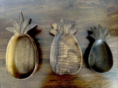 3-Vintage 1950's Monkey Pod Wood Pineapple Serving Bowls Tray Asian 