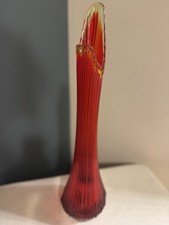 L.E. Smith Ruby Red and Amberina Ribbed Swung Vase