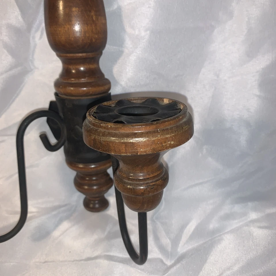 De colección 2 Brazos Hierro Forjado Madera Colgante Pared Aplique Cónico Candelabro 17.5"H Foto 3 de 4