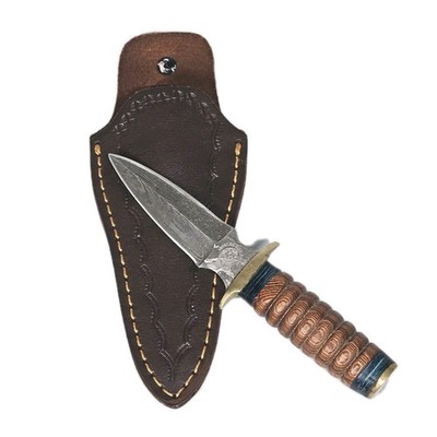 Damascus Hunting Dagger Sharp Knife Wood Handle Boot Blade with Leather Sheath
