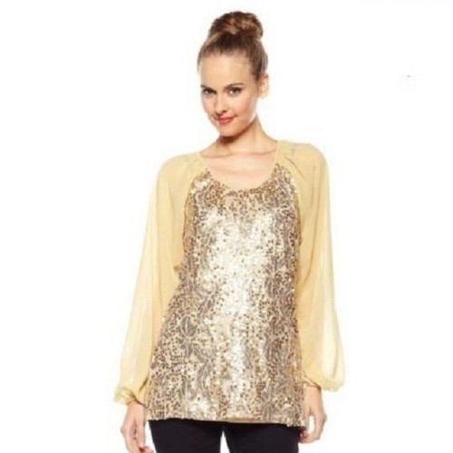 AMERICAN GLAMOUR BADGLEY MISCHKA CHIFFON SEQUIN BLOUSE XS or M BLACK BLUE GOLD - Foto 19 di 24