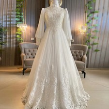 Dubai Muslim Lace Weddings Dresses 2024 High Neck Hijab Bridal Full Sleeves