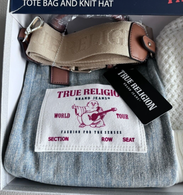 True Religion Mini Denim Tote Bag and Knit Hat Gift Set  display picture 3