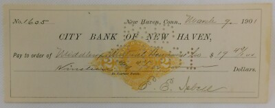 City Bank of New Haven Cancelled Check - March 9, 1901 - No. 1605
