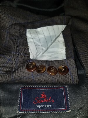 Scabal bespoke 46S 46R Wool Widowpane Check Brown Blue