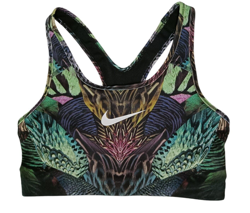 Nike Dri-FIT Sport-BH Gr. M Fitness Top Feder-Print Swoosh Bra Bustier Yoga bunt