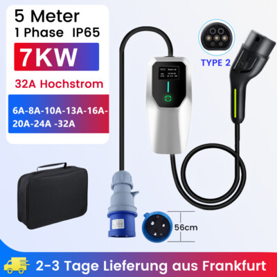 7KW 32A 1 Phase EU Typ2 EV CEE Ladekabel 5M Elektroauto PHEV Ladegerät Wallbox
