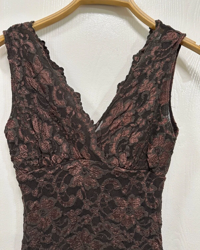 Mica Women Dress Coctel Small Lace Floral Brown Made USA - Image 2 of 4