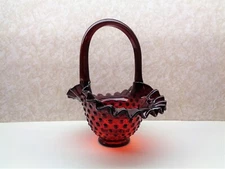 Fenton Art Glass Ruby Red Hobnail Ruffled Edge 8" Basket  Applied Handle MINT!