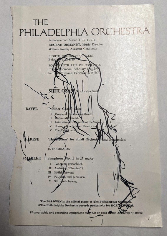 Richard Kemble drawing Seiji Ozawa Philadelphia Orchestra program Eugene Ormandy