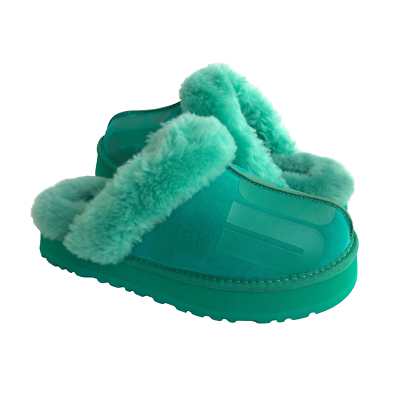 UGG DISQUETTE SCATTER GRAPHIC GREEN SLIDE SHEARLING SANDALS US 7