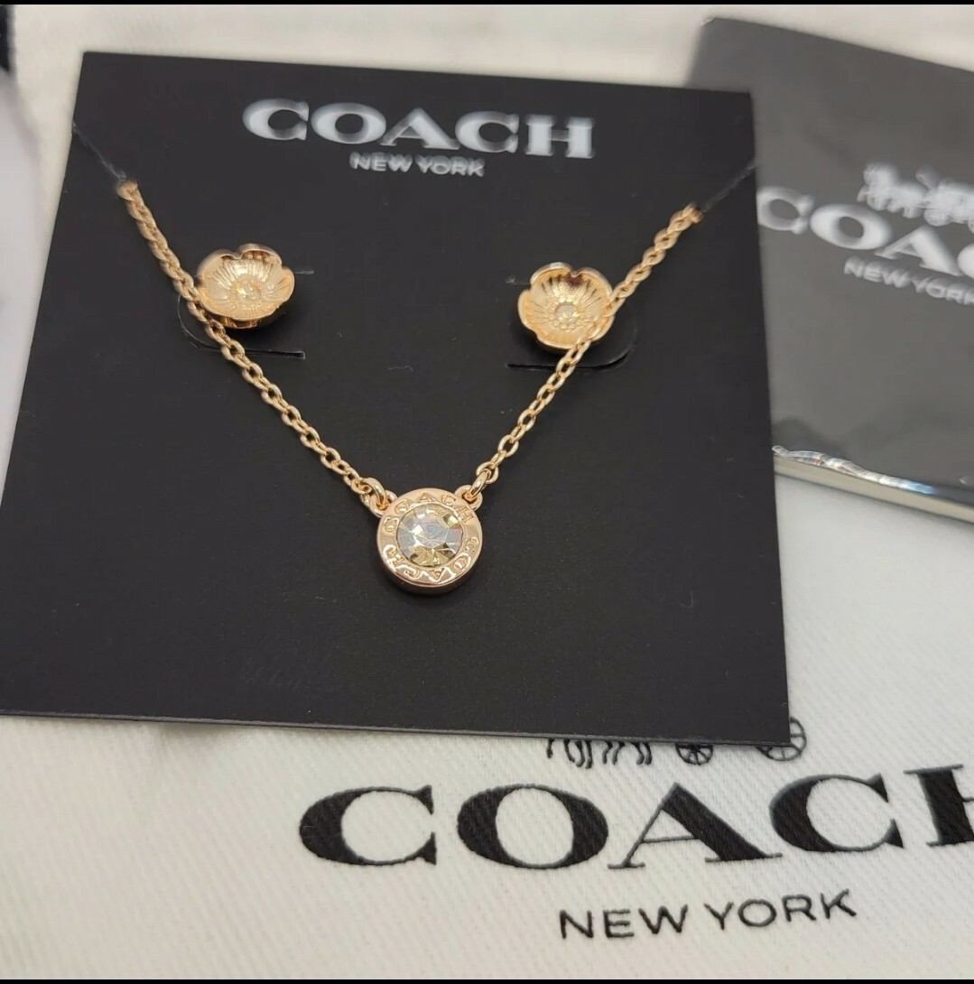 COACH Open Circle Necklace And Tea Rose Stud Earrings Set Rose Gold Plated  NEW
