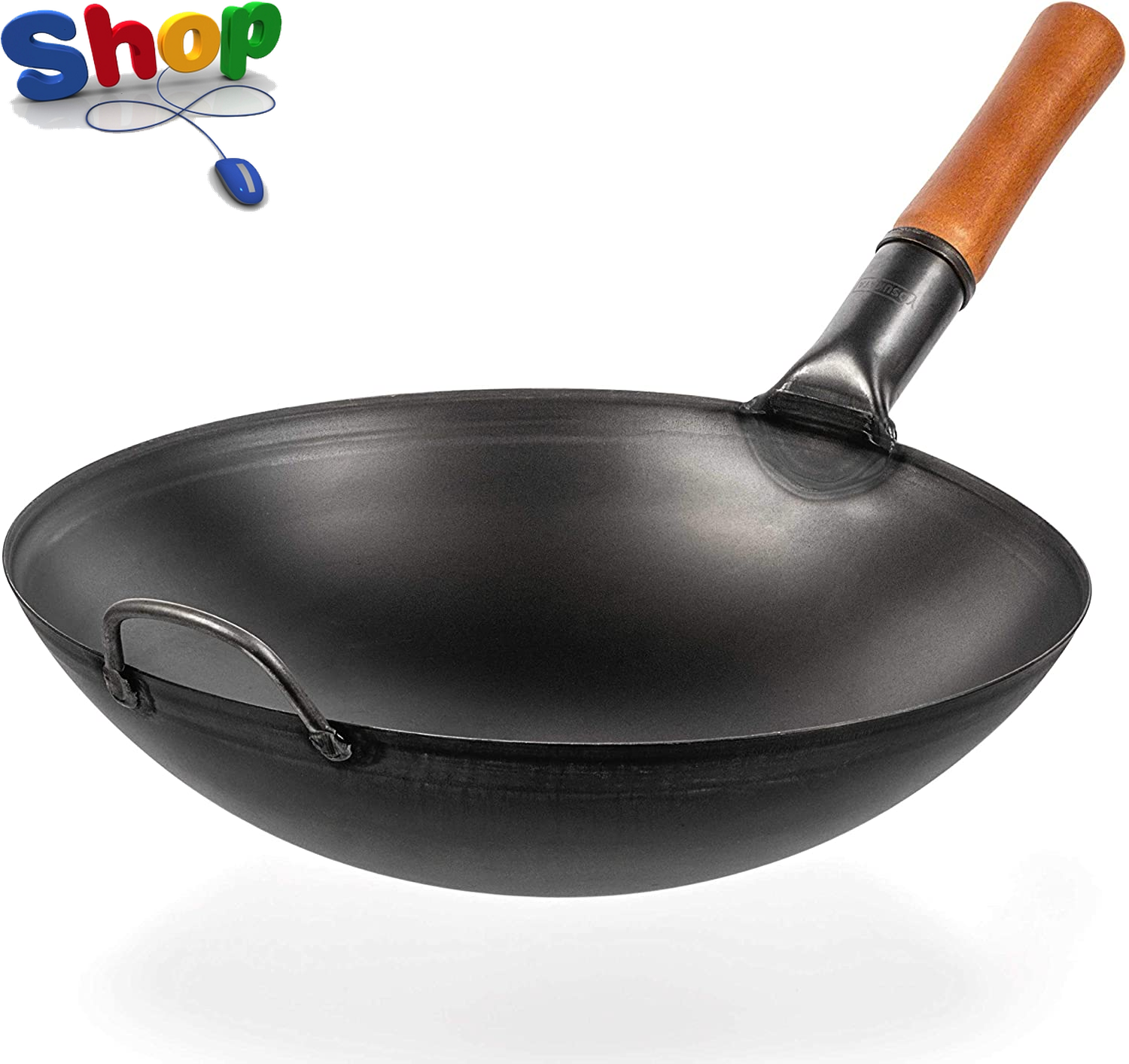 Quality Carbon Steel Wok Pan - 14""/36 Cm Woks and Stir Fry Pans - Chinese Wok wi