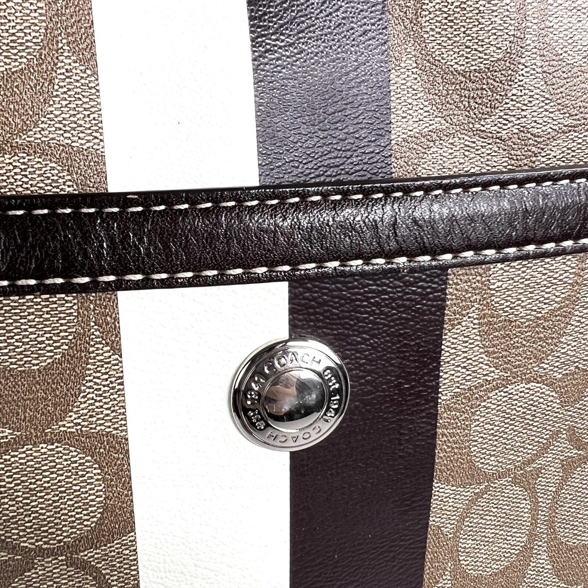 Coach Tote Bag Signature Heritage Stripe Canvas Leather F14477