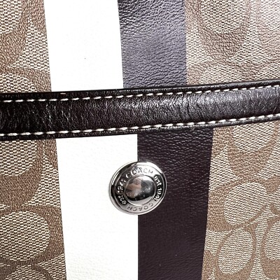 Coach Tote Bag Signature Heritage Stripe Canvas Leather F14477
