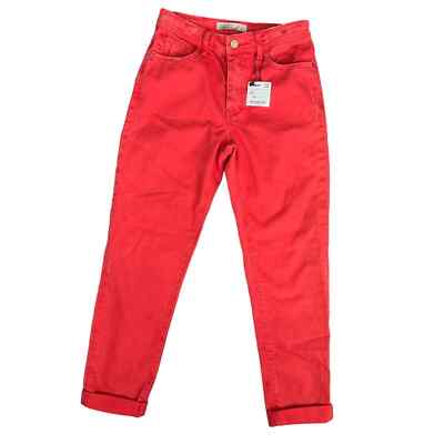 NWT Zara Basic Mom Fit Button Fly Red Distressed Denim Jeans | US 2