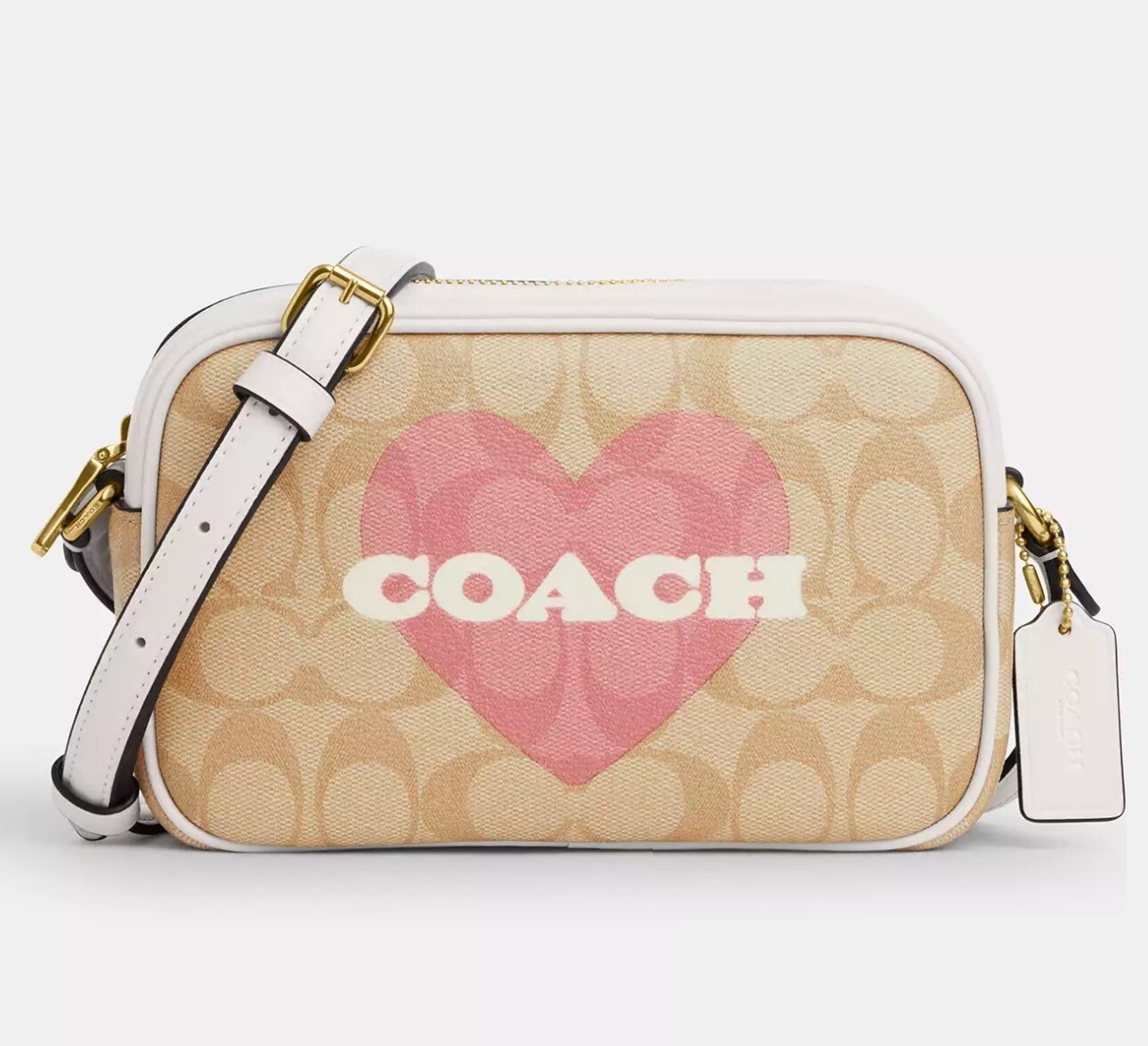 NWT Coach Mini Jamie Camera Bag Pink Heart Leather Canvas Crossbody