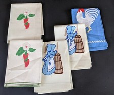 Set 5 Vintage Towels Embroidered Rooster Amish Strawberry Linen York Cottage
