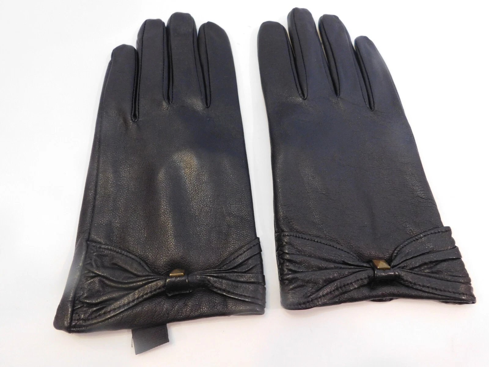 DESIGNER LADIES BLACK LEATHER WINTER GLOVES POLYESTER FLEECE LINING SZE 8