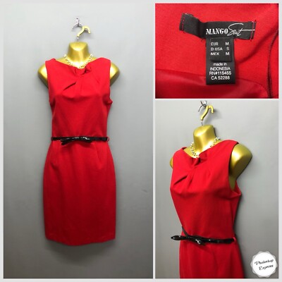 MANGO SUIT Women's Red Belted Sleeveless Formal Sheath Dress Medium | eBay  UK