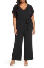 Eliza J Women's Pleated Flutter Sleeve Wide Leg Jumpsuit In Black Plus Size 24W