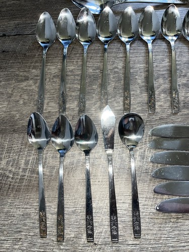 Lot of 42 Imperial Stainless Floral Knives Forks Spoons Serving Korea Good Cond - Picture 3 of 8
