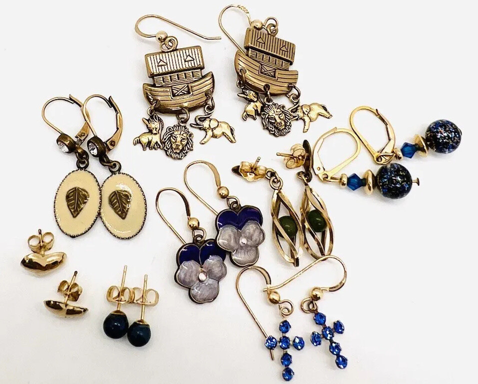 Lot 8 Pair Gold Filled Earrings Enamel Glass Rhinestones Jade Vintage