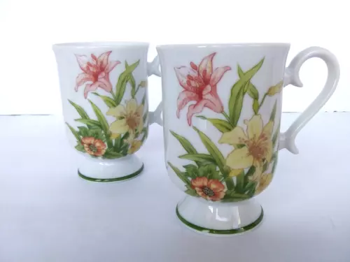 Vintage Jade Lily Fine Shafford Porcelain Footed Coffee Tea Mugs Japan-Set of 2